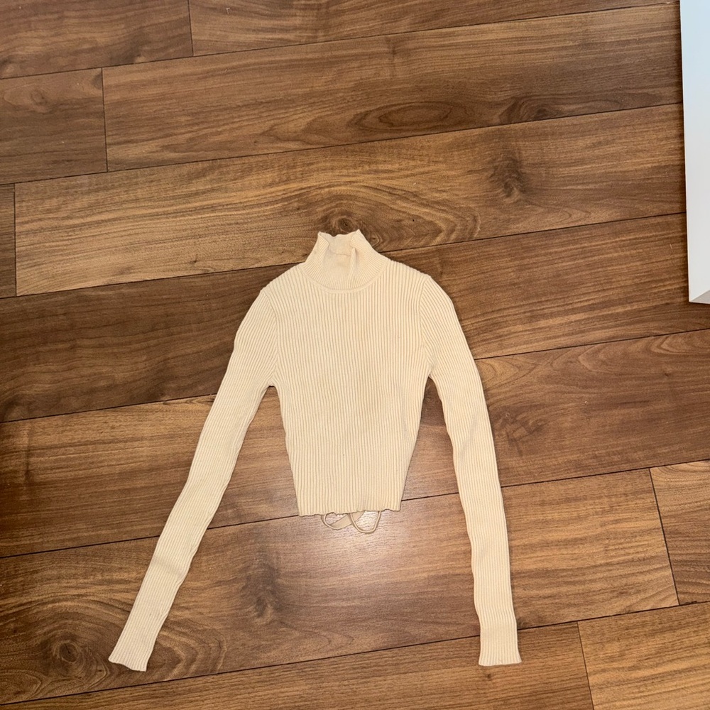 Beige Ribbed Turtleneck Sweater